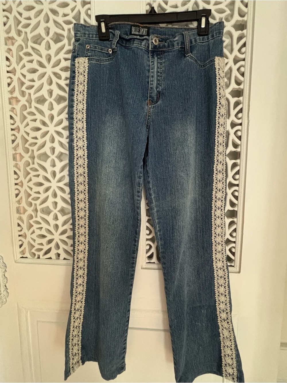 St. John's Bay Belle Sport Blue Denim Wide-Leg Jeans with Cream Lace Trim